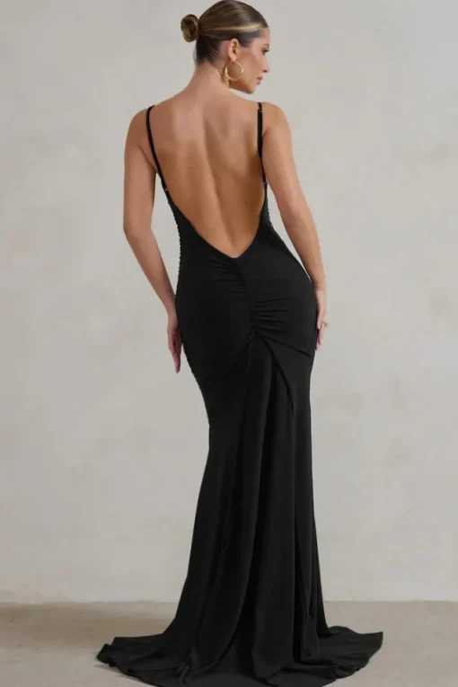 Adele | Black Ruched Fishtail Cami Maxi Dress