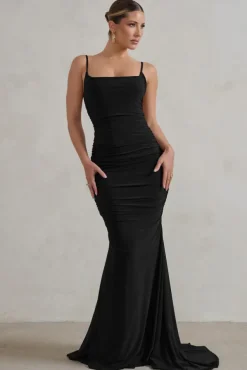 Adele | Black Ruched Fishtail Cami Maxi Dress