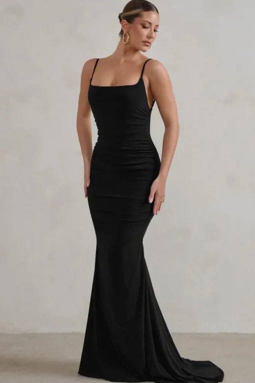 Adele | Black Ruched Fishtail Cami Maxi Dress
