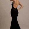 Adele | Black Velvet Ruched Strappy Fishtail Maxi Dress