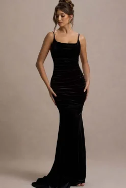 Adele | Black Velvet Ruched Strappy Fishtail Maxi Dress