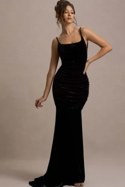 Adele | Black Velvet Ruched Strappy Fishtail Maxi Dress