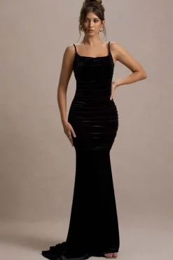 Adele | Black Velvet Ruched Strappy Fishtail Maxi Dress