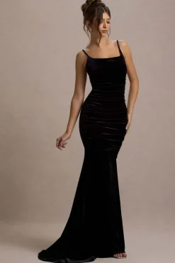 Adele | Black Velvet Ruched Strappy Fishtail Maxi Dress