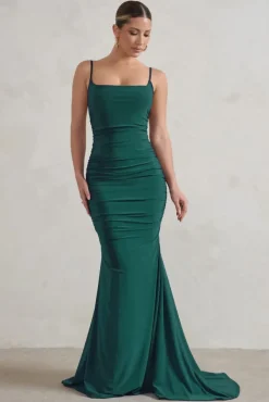 Adele | Bottle Green Backless Ruched Fishtail Cami Maxi Dress