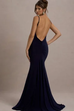 Adele | Navy Backless Ruched Fishtail Cami Maxi Dress