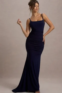 Adele | Navy Backless Ruched Fishtail Cami Maxi Dress