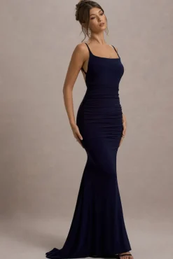 Adele | Navy Backless Ruched Fishtail Cami Maxi Dress