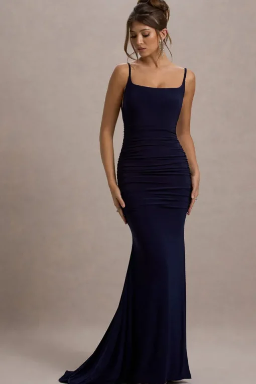 Adele | Navy Backless Ruched Fishtail Cami Maxi Dress