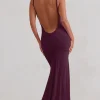 Adele | Plum Backless Ruched Fishtail Cami Maxi Dress