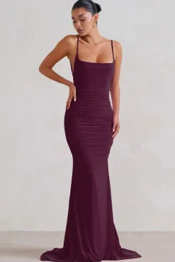Adele | Plum Backless Ruched Fishtail Cami Maxi Dress