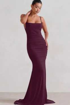 Adele | Plum Backless Ruched Fishtail Cami Maxi Dress