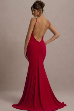 Adele | Red Ruched Fishtail Cami Maxi Dress