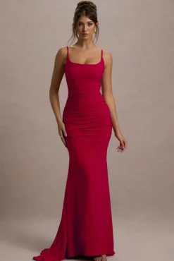 Adele | Red Ruched Fishtail Cami Maxi Dress