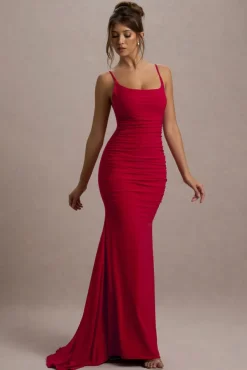 Adele | Red Ruched Fishtail Cami Maxi Dress