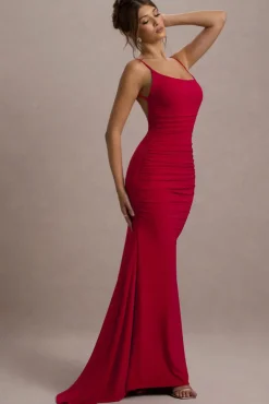 Adele | Red Ruched Fishtail Cami Maxi Dress