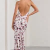 Adele | White Floral Print Backless Ruched Fishtail Cami Maxi Dress