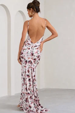Adele | White Floral Print Backless Ruched Fishtail Cami Maxi Dress