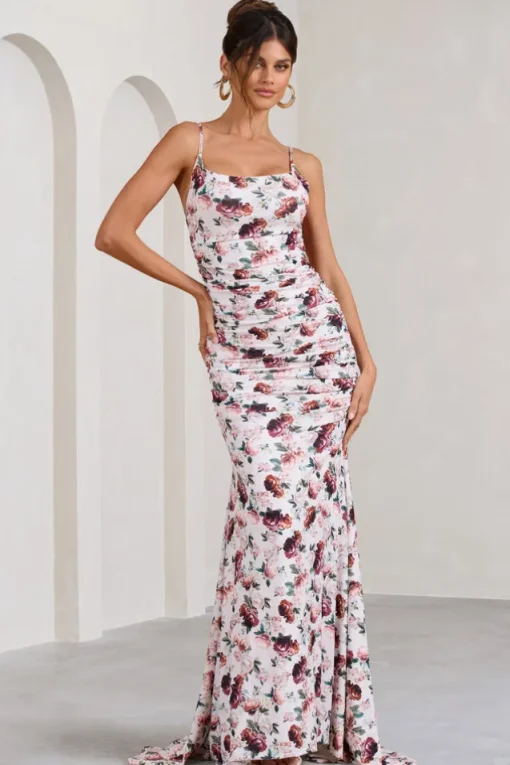 Adele | White Floral Print Backless Ruched Fishtail Cami Maxi Dress