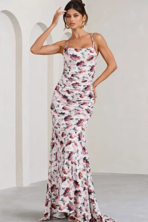 Adele | White Floral Print Backless Ruched Fishtail Cami Maxi Dress