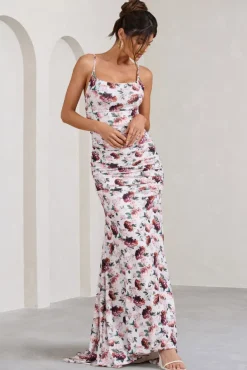 Adele | White Floral Print Backless Ruched Fishtail Cami Maxi Dress