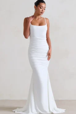 Adele | White Ruched Fishtail Cami Maxi Dress