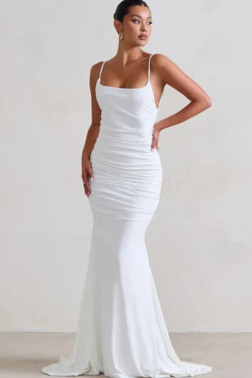 Adele | White Ruched Fishtail Cami Maxi Dress