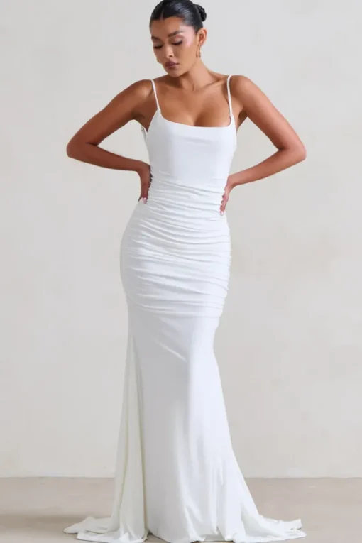 Adele | White Ruched Fishtail Cami Maxi Dress
