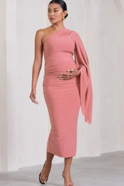 Adeline | Blush Pink Ruched Asymmetric Split Maternity Midi Dress With Cape Sleeve