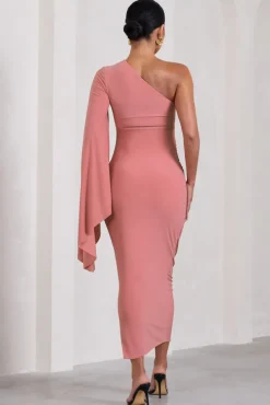 Adeline | Blush Pink Ruched Asymmetric Split Maternity Midi Dress With Cape Sleeve