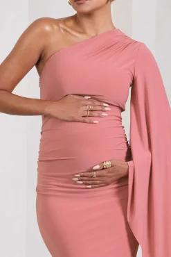 Adeline | Blush Pink Ruched Asymmetric Split Maternity Midi Dress With Cape Sleeve