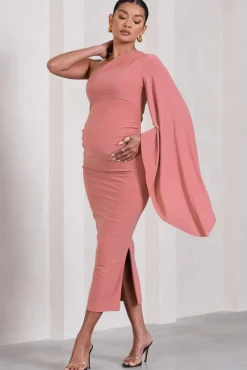 Adeline | Blush Pink Ruched Asymmetric Split Maternity Midi Dress With Cape Sleeve