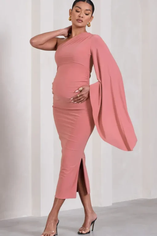 Adeline | Blush Pink Ruched Asymmetric Split Maternity Midi Dress With Cape Sleeve