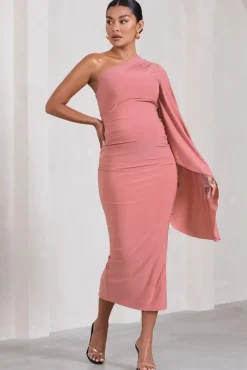 Adeline | Blush Pink Ruched Asymmetric Split Maternity Midi Dress With Cape Sleeve