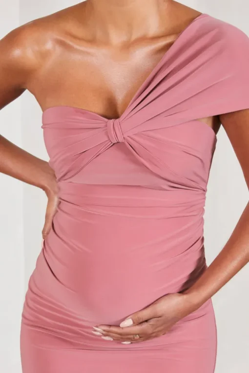 Admired | Blush Pink Ruched One-Shoulder Maternity Midi Dress