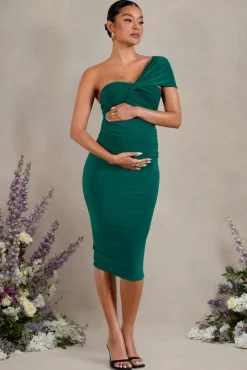 Admired | Bottle Green Ruched One-Shoulder Maternity Midi Dress