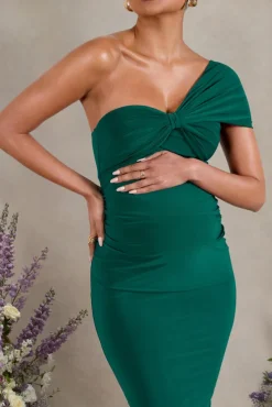Admired | Bottle Green Ruched One-Shoulder Maternity Midi Dress