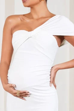 Admired | White Ruched One-Shoulder Maternity Midi Dress