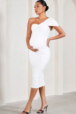 Admired | White Ruched One-Shoulder Maternity Midi Dress