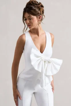Adoration | Cream Satin Plunge-Neck Top With Bow