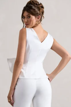 Adoration | Cream Satin Plunge-Neck Top With Bow