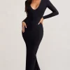 Adore | Black Long Sleeve Plunge Maxi Dress with Hood