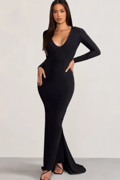 Adore | Black Long Sleeve Plunge Maxi Dress with Hood