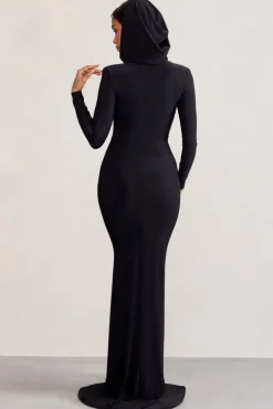 Adore | Black Long Sleeve Plunge Maxi Dress with Hood