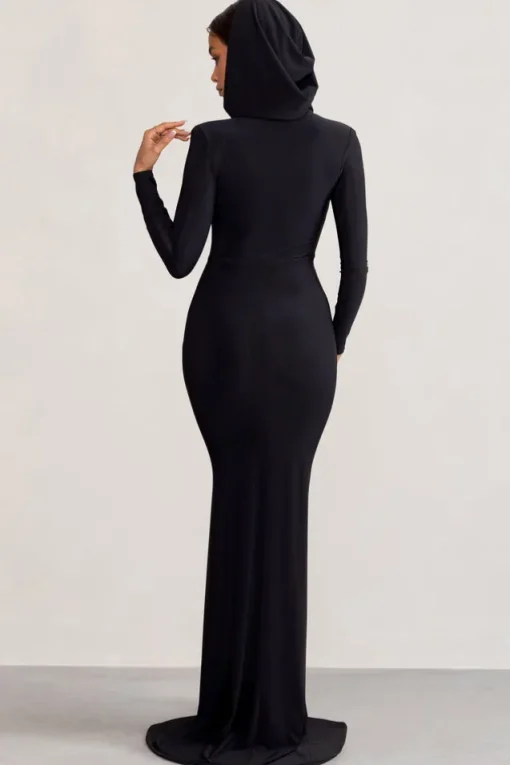 Adore | Black Long Sleeve Plunge Maxi Dress with Hood