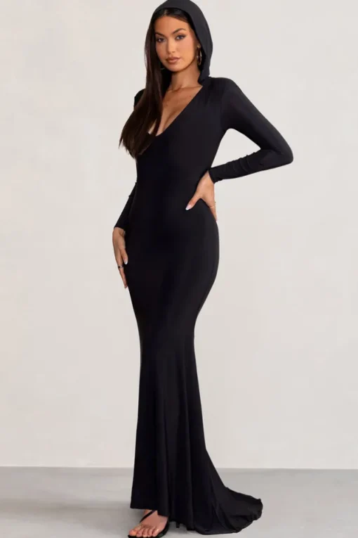 Adore | Black Long Sleeve Plunge Maxi Dress with Hood