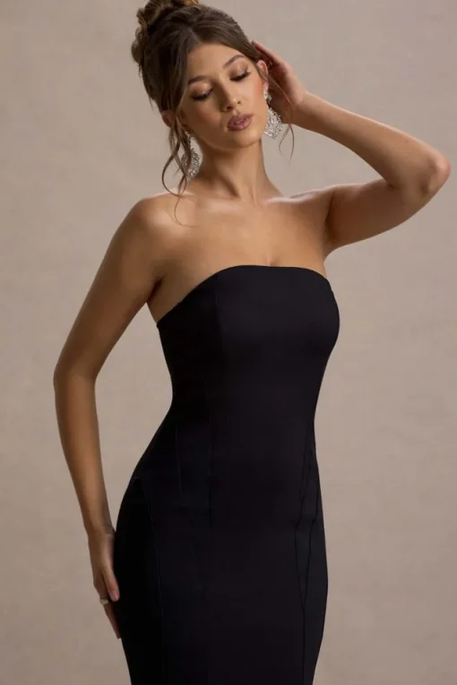 Adored | Black Strapless Structured Fishtail Maxi Dress