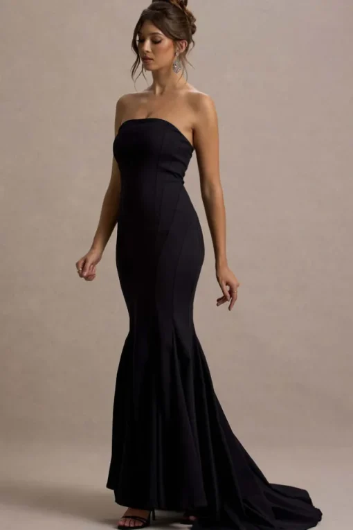 Adored | Black Strapless Structured Fishtail Maxi Dress