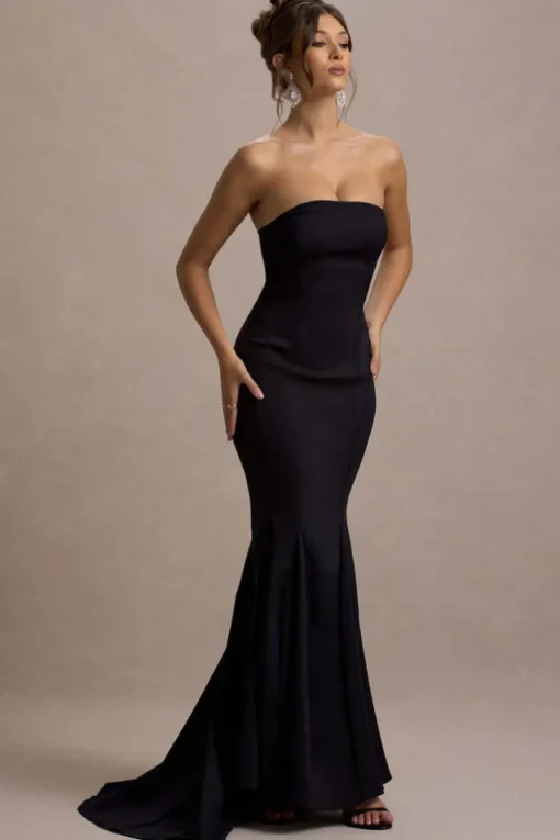 Adored | Black Strapless Structured Fishtail Maxi Dress
