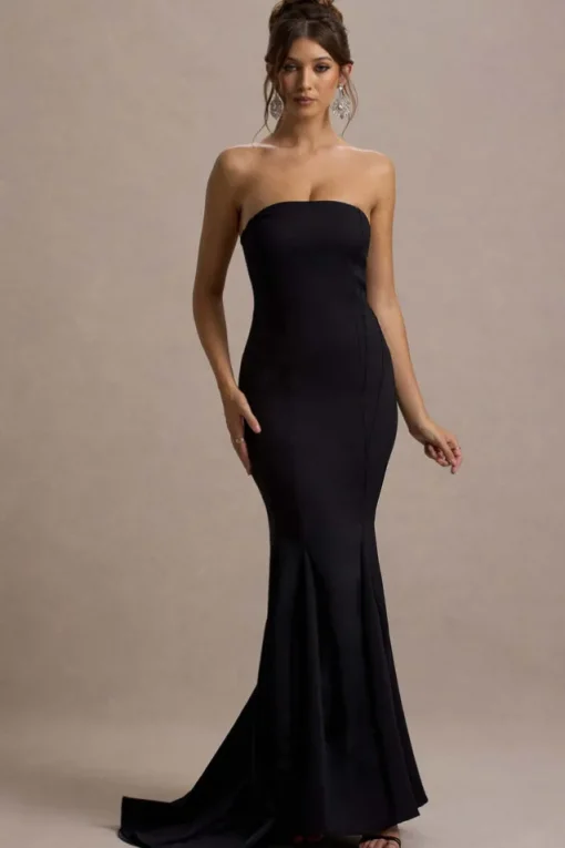 Adored | Black Strapless Structured Fishtail Maxi Dress